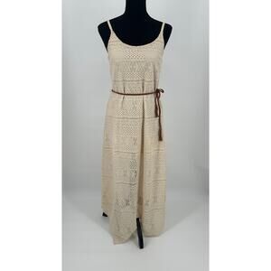 No Boundaries Women Boho Crochet Lace Maxi Slip Dress Sz M Beige Brown Belt NWOT